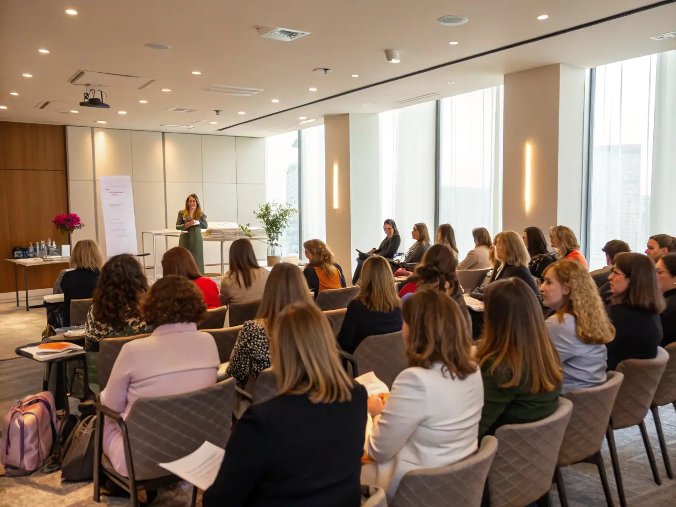 A vibrant image of women attending a UFCS event focused on promoting gender equality, showcasing the organization's dedication to women's rights.