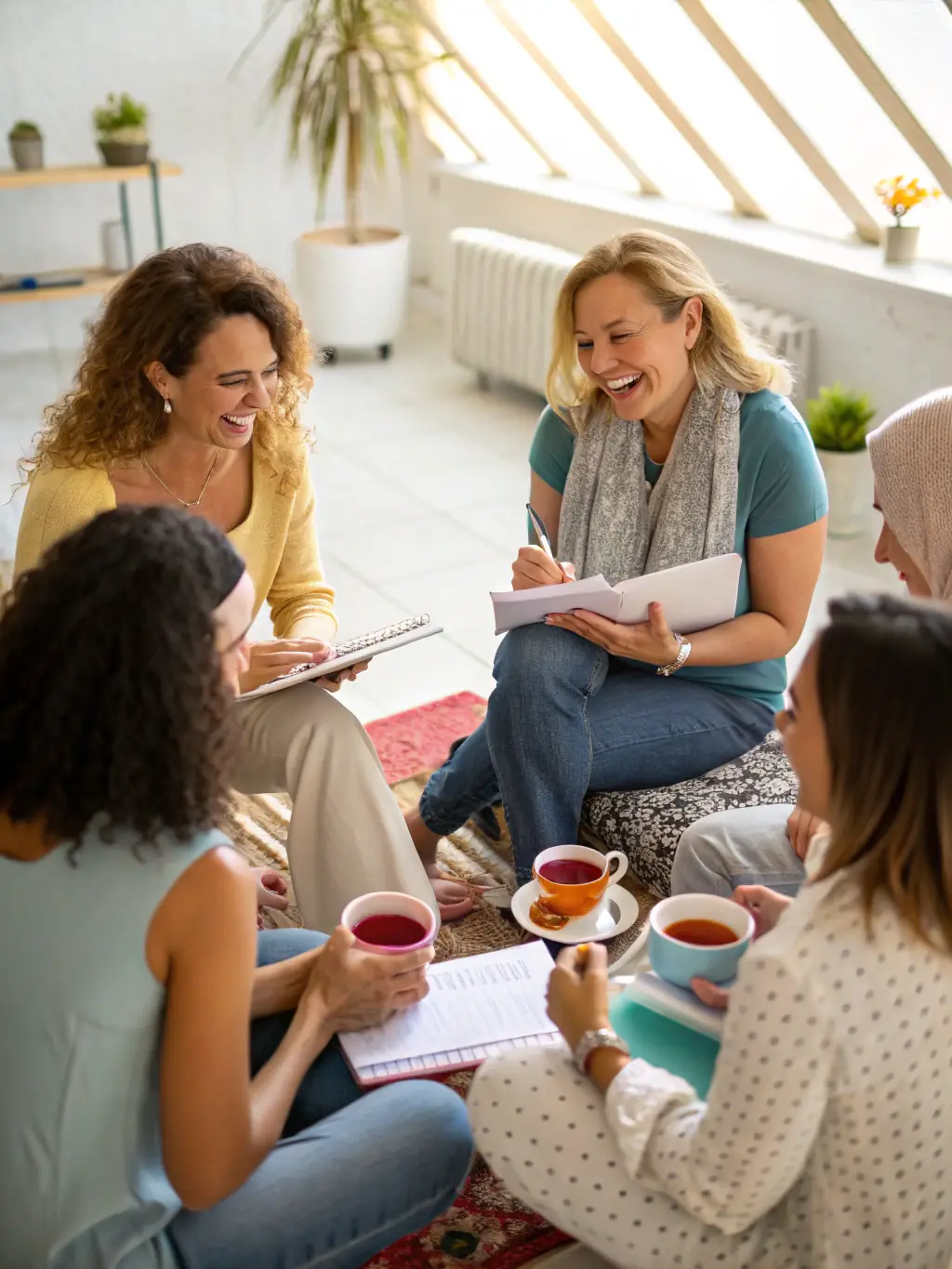A group of women participating in a UFCS workshop, smiling and engaged in discussion, representing the Empowering Women Through Civic Engagement program.