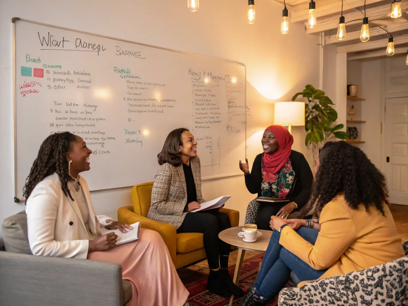 A group of women participating in a UFCS workshop, smiling and engaged in discussion, representing the Empowering Women Through Civic Engagement program.