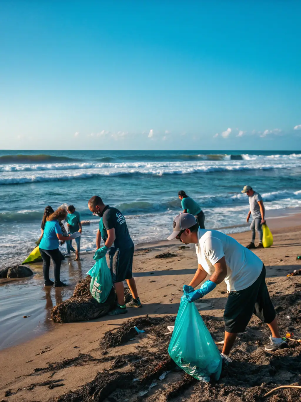 A photograph capturing volunteers cleaning up a beach on Île d'Yeu, focusing on removing plastic waste and debris to protect marine life and coastal ecosystems.