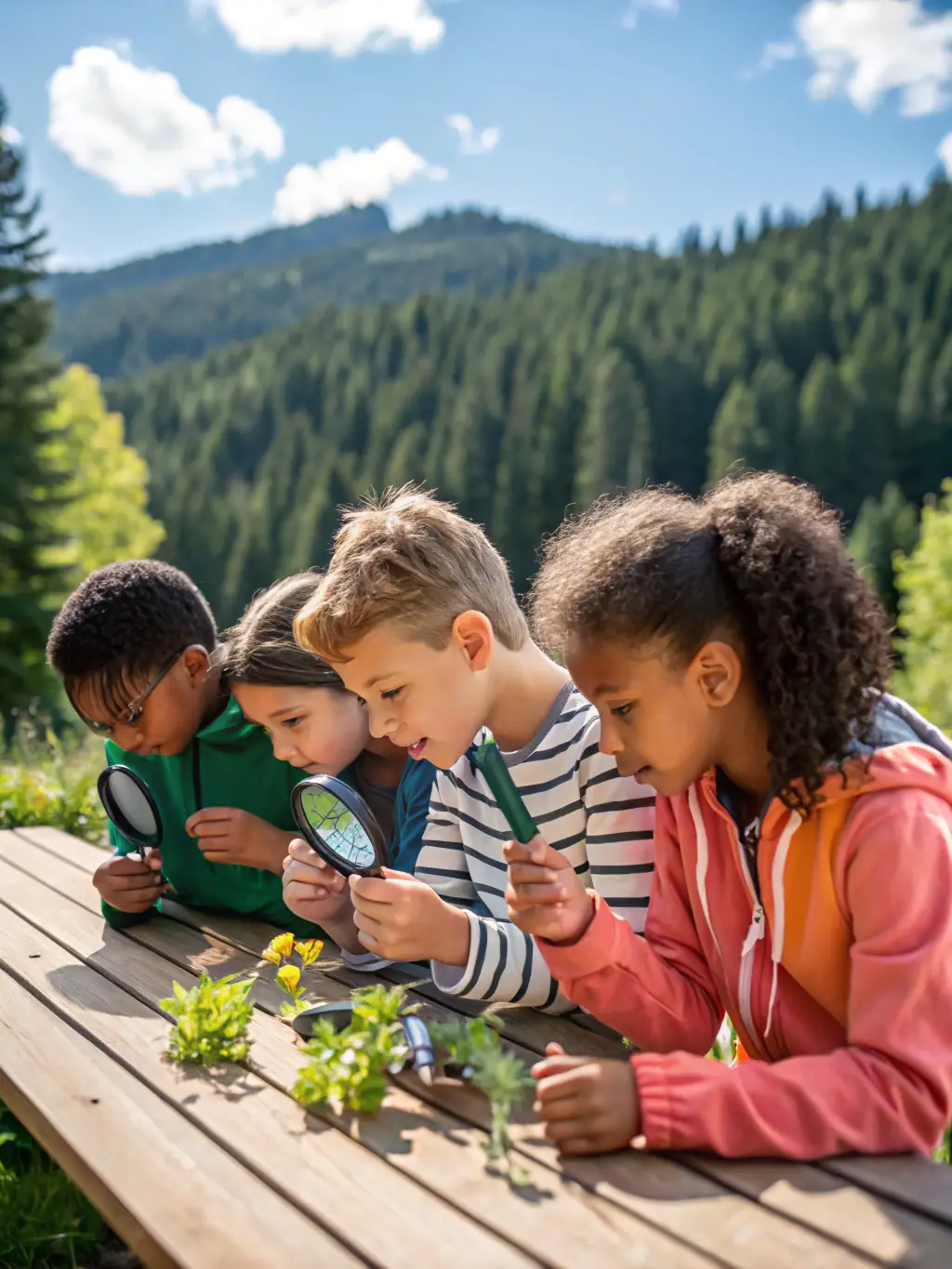 A picture of an educational workshop where children are learning about the local flora and fauna of Île d'Yeu, promoting environmental awareness.